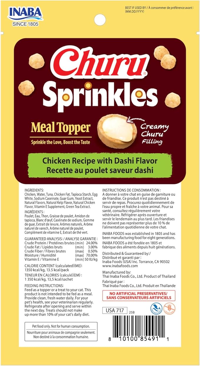 INABA Churu Sprinkles for Cat, Soft & Chewy Churu Filled, Baked Chicken Cat Treat Meal Topper with Vitamin E and Green Tea Extract, 1.05 oz. per Pack, 18 Packs Total, Chicken Recipe with Dashi Flavor