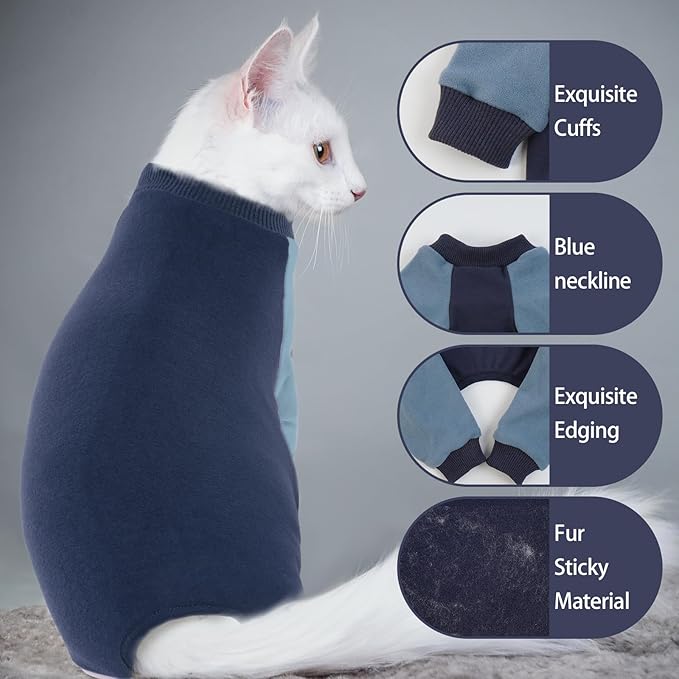 QBLEEV Sticky Hair Cat Clothes, Soft Cat Pajamas for Cats Only, Prevent Lost Fur Kitten Sweater Onesie, Stretchy Recovery Suit for Female Male Cats After Surgery Daily Wear, Blue, XXL