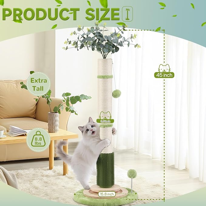 45'' Extra Tall Cat Scratching Post for Large Cats,3.5Inch Natural Sisal Scratcher with Solid Wood Base,Stable Cat Scratch Post with Interactive Toy,Self Groomer,Climbing Pole for Full Body Stretching