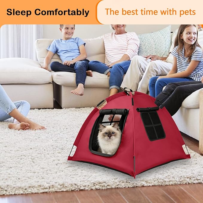 Portable Pet Tent with Full-Enclosure Zippered Mesh Door, Indoor & Outdoor Cat House for Safety & Ventilation, Cozy Nest for Cats, Puppies & Small Animals, Red