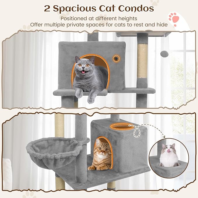Tangkula 80 Inch Tall Cat Tree, Multi-Level Cat Tower with Sisal Scratching Posts, 2 Condos, Plush Perch, Hammock, Basket, Dangling Toys, Cat Climbing Furniture for Indoor Cats (Light Gray)