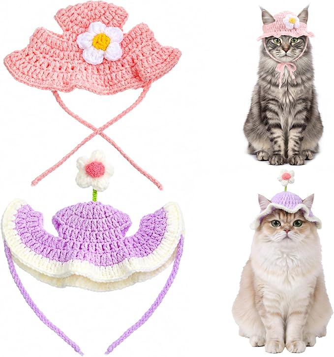 Cat Hats for Cats Only Cute Knit Cat Hat Flower Hat with Adjustable Cord Handmade Crochet Cats Clothes Soft Cute Knitted Hats Christmas Party Costume Accessory for Puppy Kitten (Purple, Pink)