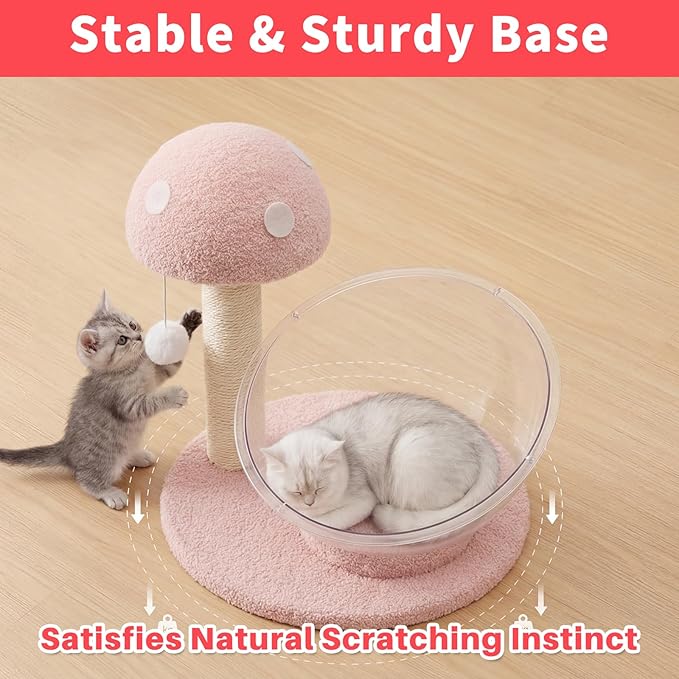 Mushroom Cat Tree for Kittens and Small Cats, 14.17" Cat Scratching Post with Clear Bowl Bed, Pink Sisal Scratcher with Pom Pom Toy, Stable Plush Base, Easy Assembly for Indoor Cats