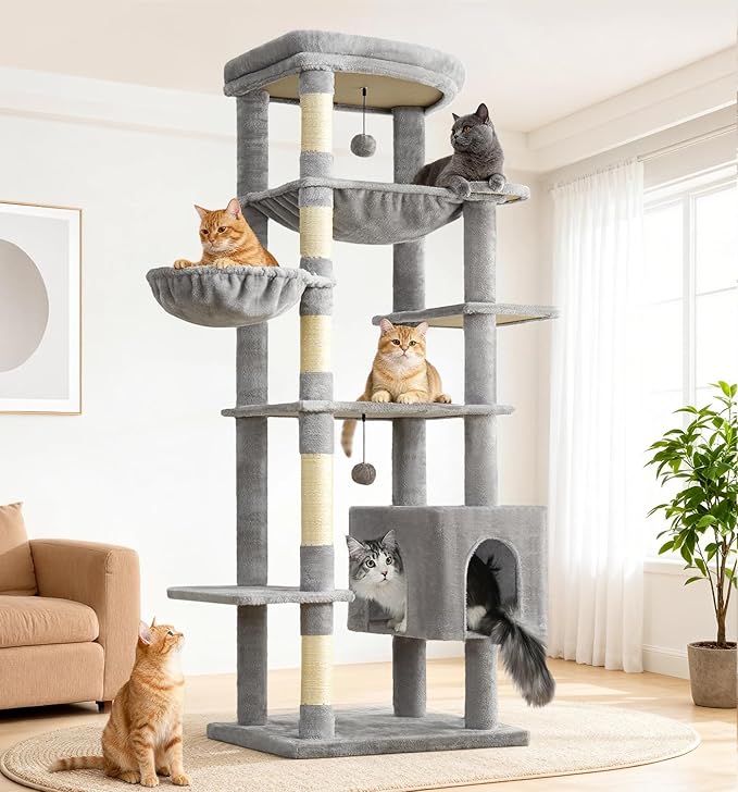 Made4Pets Tall Cat Tree, 71 Inches Cat Tree Tower for Indoor Cats Large Adult, Plush Multi-Level Cat Tower with 5 Scratching Posts, 2 Hammock, Condo and Perch, Big Cat House Indoor, Grey