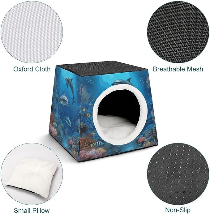 Cat Cave Cat Beds for Indoor Cats Underwater World Dolphins Coral Foldable Cat Hideaway with Washable Cushion and Non-Slip Base