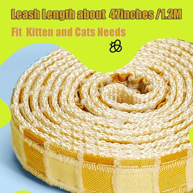 Cat Harness & Leash Set, Cats Escape Proof - Adjustable Kitten Harness for Large Small Cats, Cute Bee Plaid Lightweight Soft Petsafe Harness (Yellow Plaid Bee, S (for 3.0-6.5lb))