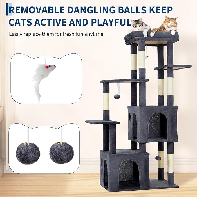 61.4 Inch Cat Tree, Large Cat Tower with Sisal Scratching Posts, 2 Spacious Cat Beds, Hanging Ball & Top Perch, Ideal for Large Indoor Adult Cats, Dark Gray