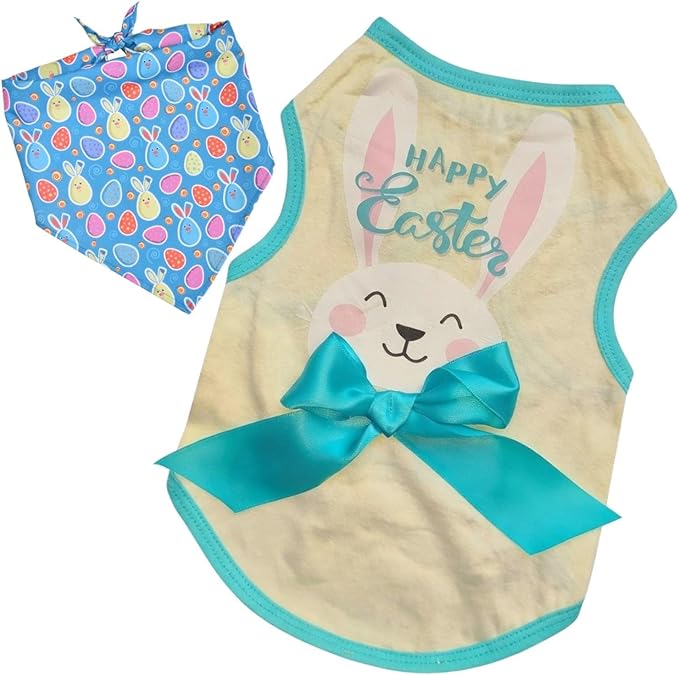 Small Dog Happy Easter Outfit Bunny Shirt & Bandanas Pet Cat Clothes Vest Yellow S