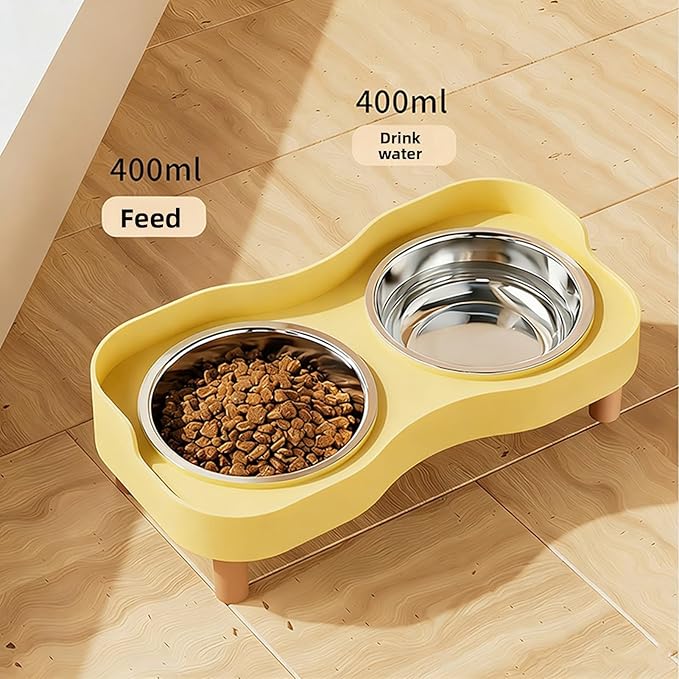 Cat Food Bowl, Elevated Cat Feeding Station Splashing Proof Raised Dish with 2 Stainless Steel Bowls for Pet Small Animals