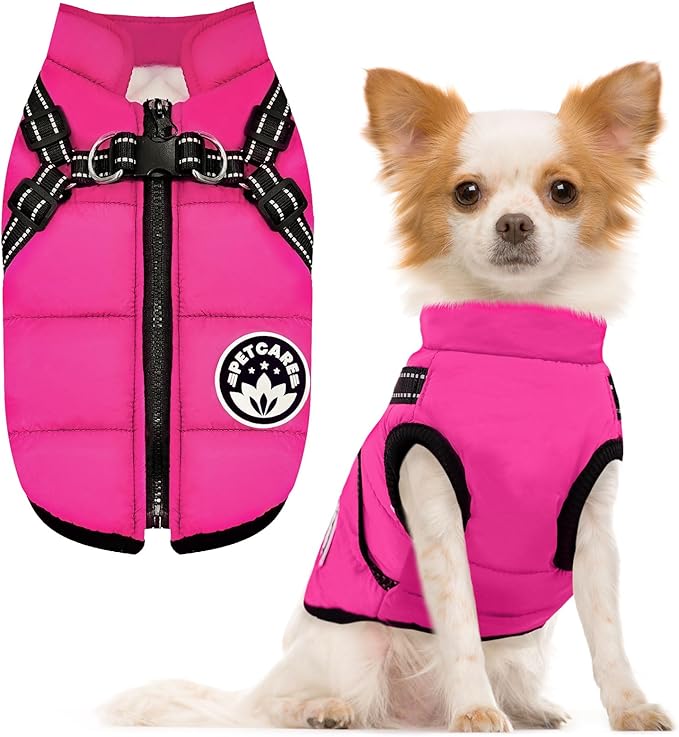 PETCARE Winter Dog Coat with Harness Built in Waterproof Dog Jackets Warm Pet Fleece Vest Windproof Snow Jacket Snowsuit Reflective Dogs Cold Weather Coats for Puppy Small Medium Large Dogs Cats