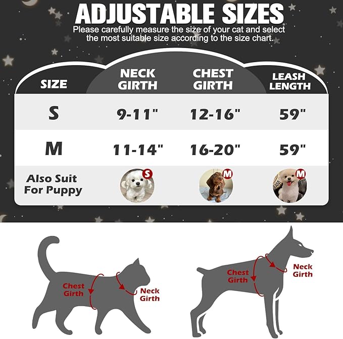EXPAWLORER Escape Proof Cat Harness and Leash Set - Soft Breathable Vest Harness with Adjustable for Kitten Puppy Outdoor Walking Travel, Reflective Harnesses for Small Medium Large Cats, Star-Moon S