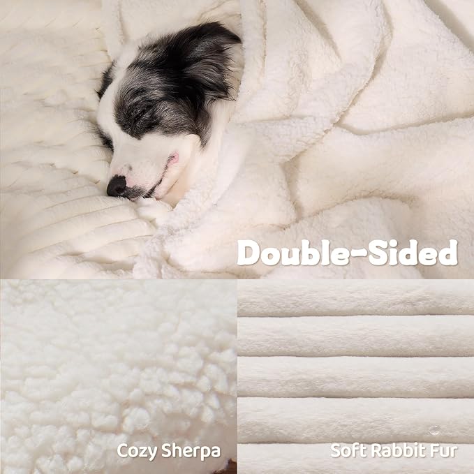 Qeils Waterproof Calming Dog Blanket for Large Dogs, Noiseless Soft Plush Pet Blanket for Bed, 500GSM Thick Faux Fur Pet Throw, Cozy Couch Furniture Protection Washable, Cream, 60x80IN