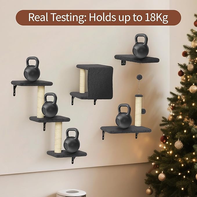 Cat Wall Shelves for Large Cats, Stable & Safe Kitty Walls Furniture Set for 40LBS Cats with Wooden Cat Climber,House, Bridge, Tree, Steps, and Scratcher for 16 Inch Drywall (Black, 6-in-1)