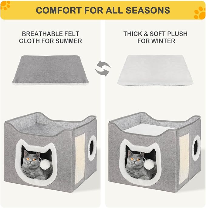 Selecta Grey Indoor Cat House - Foldable, Covered Cat Bed Cave with Fluffy Ball and Scratch Pad