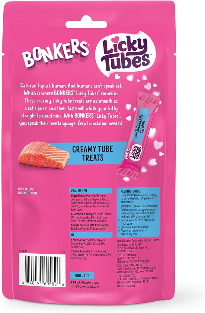Bonkers Licky Tubes Salmon Flavored Wet Lickable Treats for Cats, 4 Pack (Pack of 15)