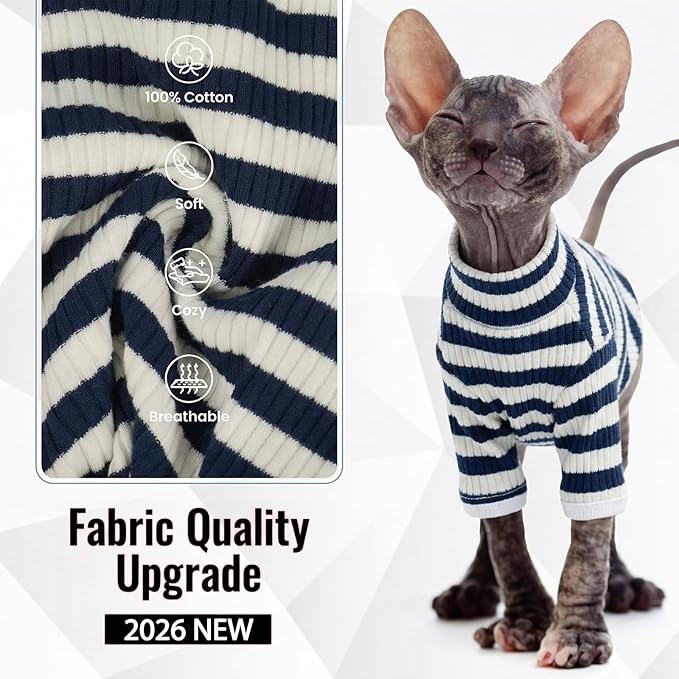 DENTRUN Hairless Cats Shirt Breathable Cat Daily Wear Clothes Stripe Vest Adorable Pajamas Jumpsuit Soft & Skin-Friendly