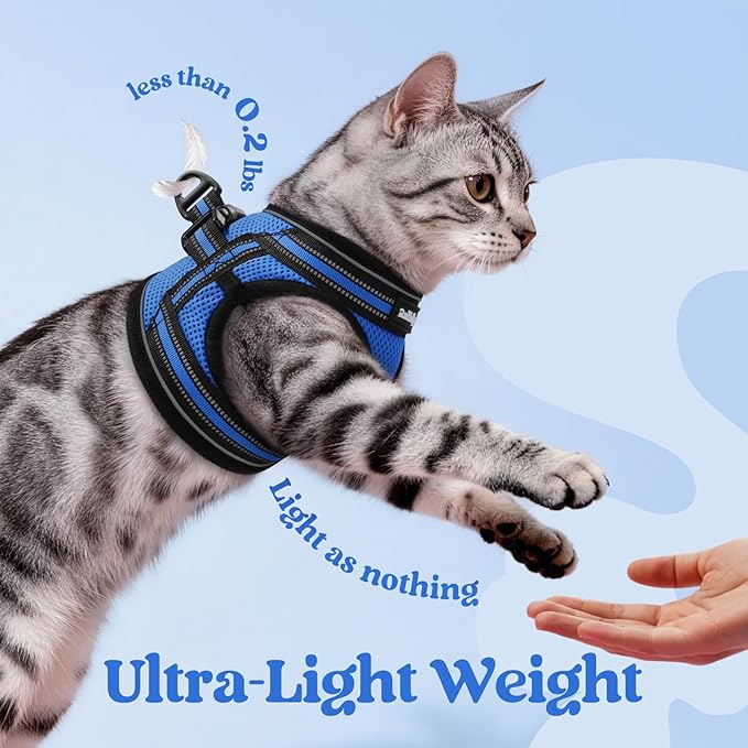 rabbitgoo Cat Harness and Leash Set for Walking Escape Proof, Adjustable Soft Kittens Vest with Reflective Strip for Cats, Comfortable Outdoor Vest,Blue,L