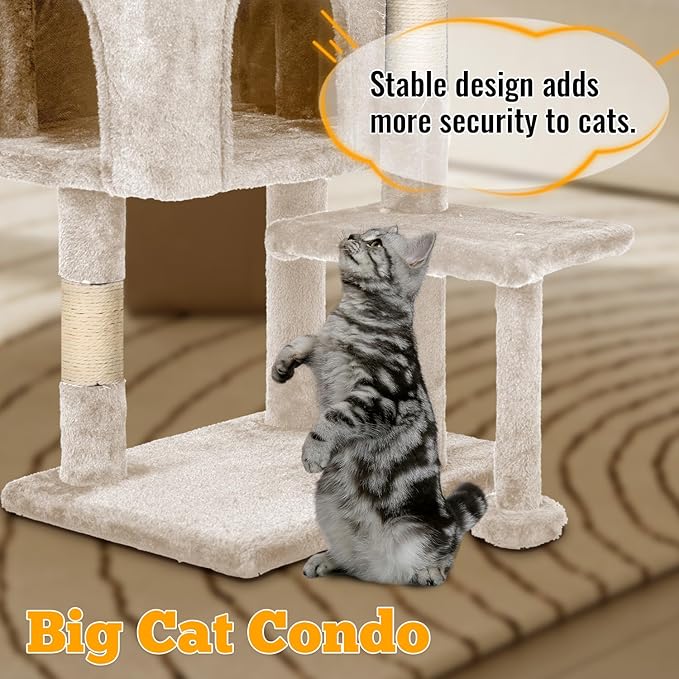 FDW 37.8 inch Cat Tree Cat Tower for Indoor Cats with Scratching Posts,Multi-Level Cat Furniture Activity Center Stand House Cat Condo Modern Cat Tower with Hanging Cradle & Funny Toy,Beige
