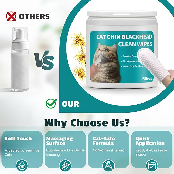 Cat Chin Finger Wipes for Cat Acne & Black Chin Buildup – Plant-Based, Gentle Cat Acne Wipes for Daily Chin Cleaning, Finger Mitt Design, 50 Count
