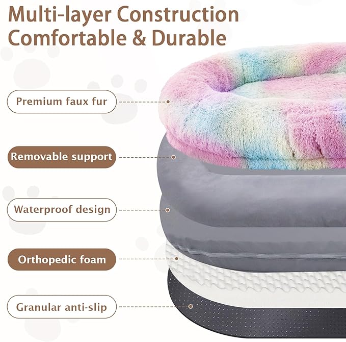 ROOMTEC Human Dog Bed, 71''x45''x12'' Size Fits Adult and Pet Washable Giant People Bed 10 CM Thick Memory Foam Large Oversize Pet Bed with Plump Pillow, Blanket, Strap - Rainbow