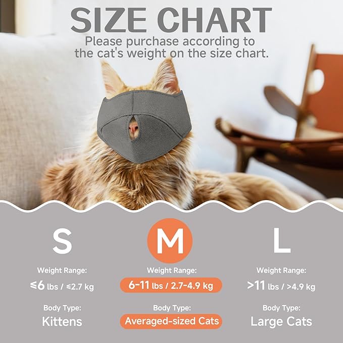 BARKLESS Cat Calming Muzzle for Grooming & Nail Trimming, Oxford Muzzle with Shading Design to Help Calm the Cat Down, Soft Head Cover to Prevent Biting & Scratching (Grey, M)