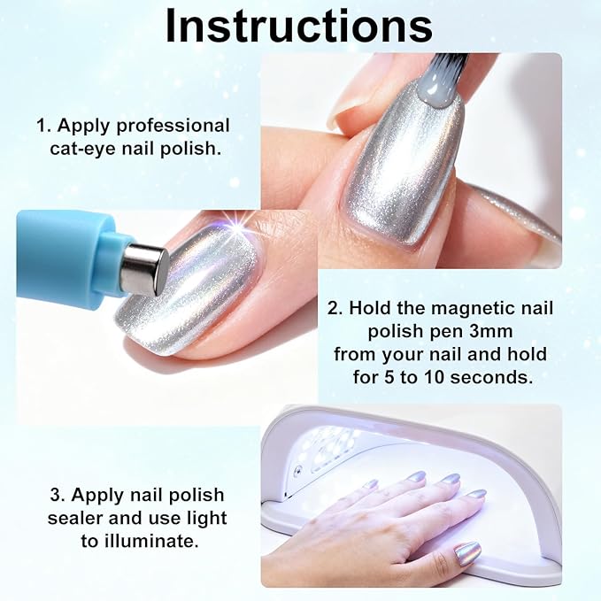 3 in 1 Cat Eye Nail Magnet, Multifunctional Magnet Nails Art Design Tools, Cat Eye Gel Polish Magnetic Pen Line & Heart Shaped Round Accessories for Home DIY Salon Studio (Blue)
