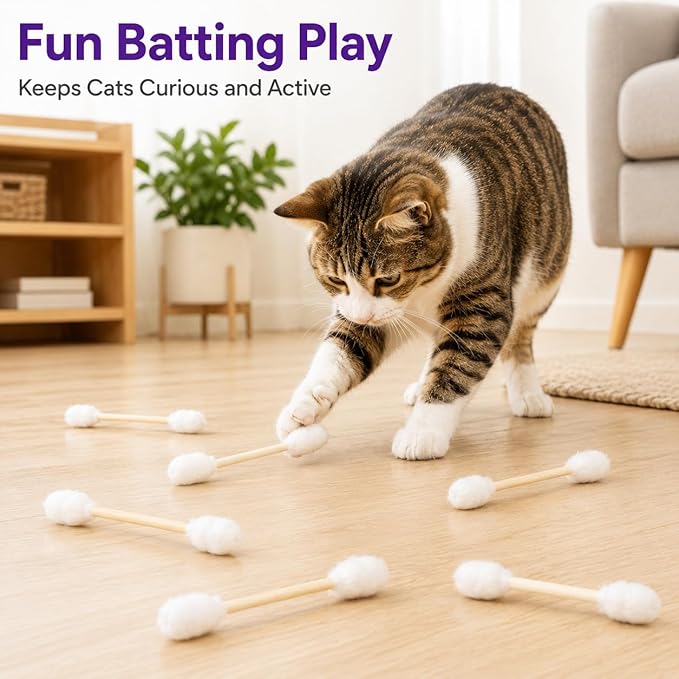 Cotton Swab Cat Toys with Catnip, 6 Pack Catnip Toys for Indoor Cats, Giant Kitty Kicker Plush Chew Sticks, Durable Felt Interactive Cat Toys for Kittens and Adult Cats (Beige)
