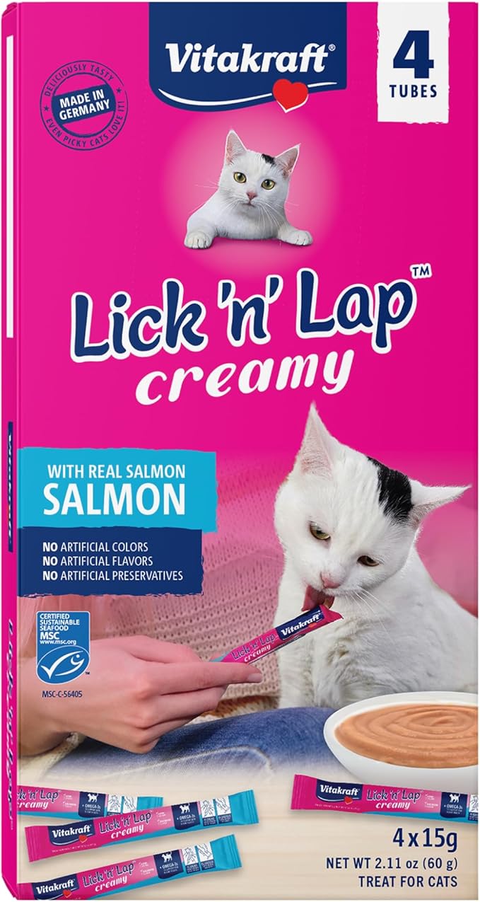Vitakraft Lick 'n' Lap Snack Creamy, Cat Treat with Real Salmon, 4 Count