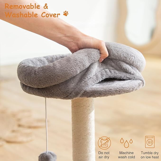 Goozii Small Cat Tree Tower with Scratching Post, Modern Kitten Tower for Indoor Cats, Short Carpet Sisal Cat Scratcher Stand with Large Bed Perch, Scratch Ramp, Toy Ball for Kitty Play (Grey)