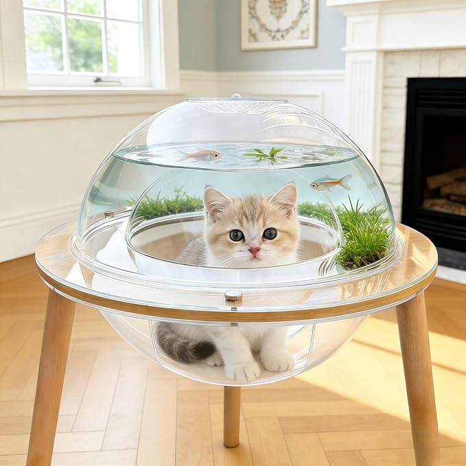 Cat House with Fish Tank, Clear Acrylic Globe Bed on Wooden Legs, Two-in-One Indoor Cat Enrichment Furniture, 23.6 x 20.5 Inch