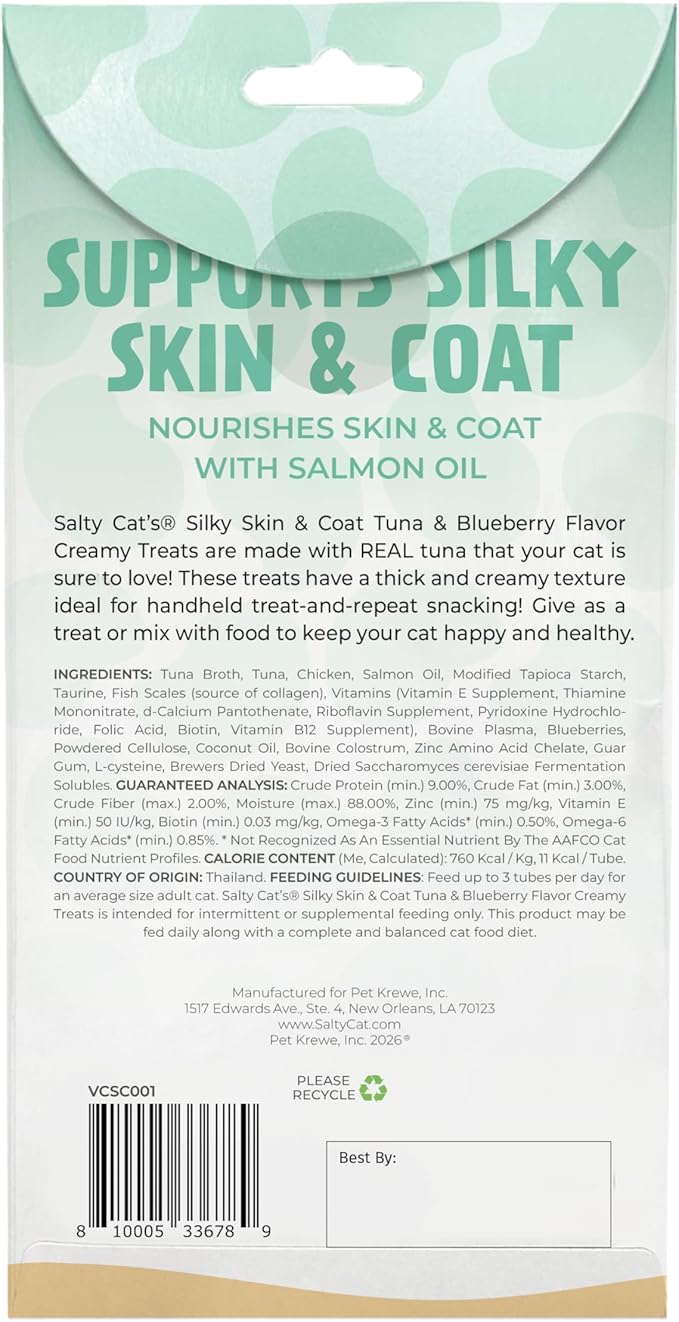 Salty Cat VitaCat Silky Skin & Coat Natural Tuna & Blueberry Functional Tube Treats for Cats (12 Pack)