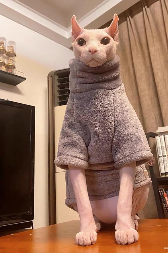 Sphynx Cat Clothes Winter Turtleneck Soft Coral Fleece Cat Clothes Thicken Warm Pajamas Coat for Hairless Cats and Small Cat Apparel with Sleeves (Iron Gray, XL (9.3-12.7lbs)