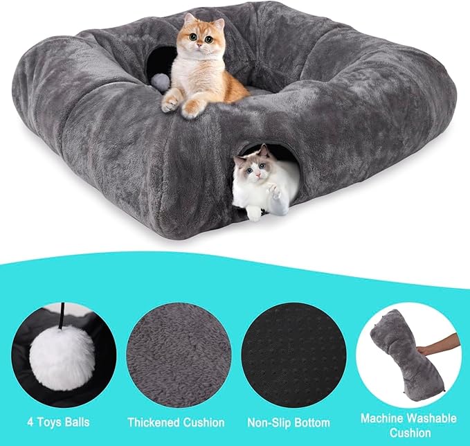 CLKHOWL Cat Tunnel Bed for Indoor Cats, Washable & Detachable Cat Bed, Cute Peekaboo Cat Cave for Small Medium Large Cat (Dark Gray)