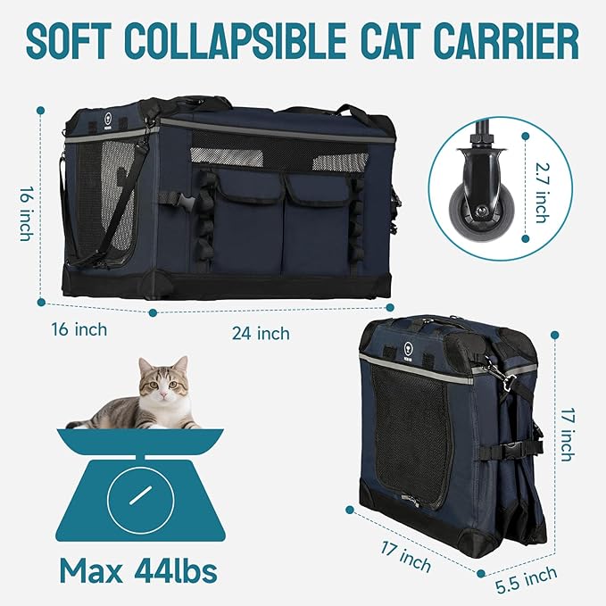 PEGIC 24‑inch Rolling Cat Carrier with Pull Strap: Spacious Travel Solution for Large Cats & Two Kittens, Reinforced Non‑Sagging Base for Car Rides & Vet Visits