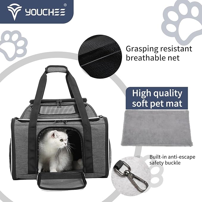 19" Large Pet Carrier for Cats & Small Dogs up to 25 lbs, Airline Approved Soft-Sided Dog Travel Bag, Top Expandable with Breathable Mesh, Washable Liner & Safety Tether. (Grey)