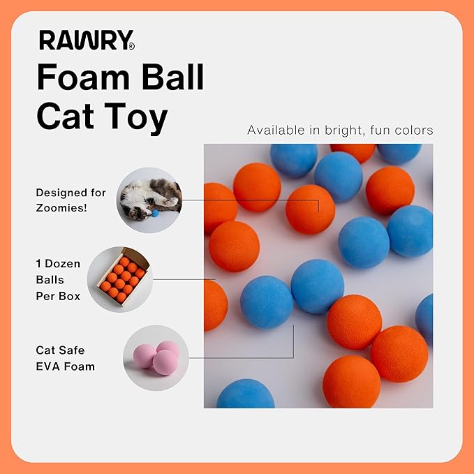 Rawry Foam Ball Cat Toy Set – 12 Foam Balls for Indoor Cats & Kittens | Soft, Durable, Bouncy Balls for Playtime & Exercise | Lightweight, Non-Toxic, Easy for Cats to Chase (12 Pack, Orange)