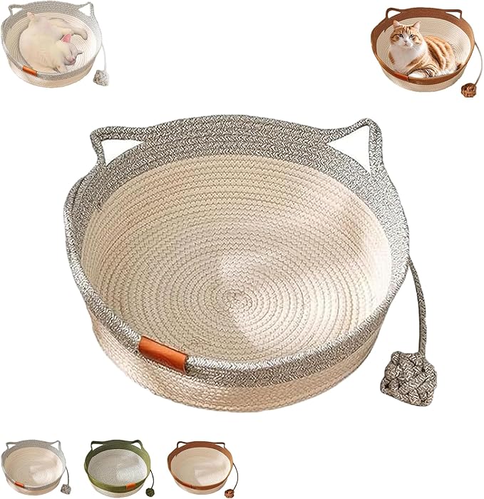 Instinct Basket, Stimuli Cat Bed with Toy Tail, Stimulicat Bed Rope Cotton with Cushion, Cats Ear Design, Breathable All Season Universal, Scratch-Resistant (Gray,Large)