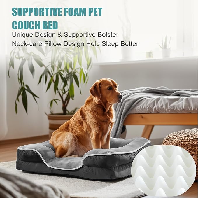 DUMOS Orthopedic Dog Beds for XL Large Sized Dogs, 42x32 in Machine Washable Cover Pet Bed, Anti-Slip Waterproof Memory Foam Couch Bed for Indoor Dogs and Cats, Grey