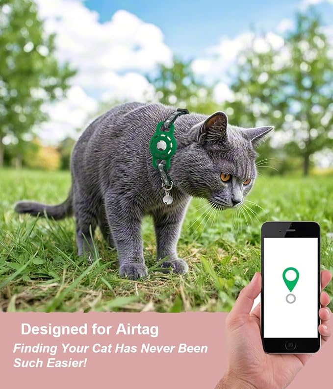 Reflective Cat Collar with Airtag Holder Breakaway Safety Airtag Kitten Collars with Bell for Male Female Boy Cats,Dark Green