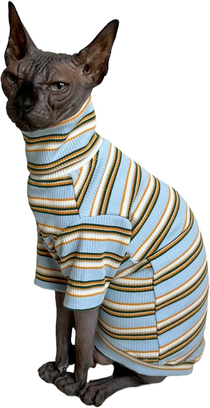 Turtle Neck Vintage Stripes Sphynx Hairless Cat Cotton T-Shirts Pet Clothes Vest Kitten Shirts Sleeveless, Cats & Small Dogs Apparel (Light Blue, (7-8.8 lbs))