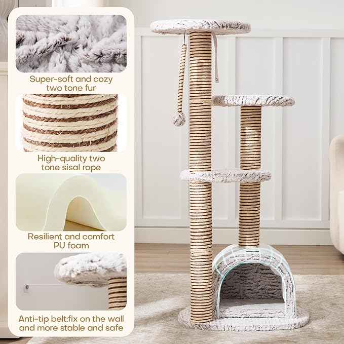 Cat Tower, Cat Tree Tower with for Indoor Cats, Condo with Spacious Elevated Perches, Scratching Posts, Cozy Cave, Dangling Toy Ball, Pet House Furniture for Indoor Kittens & Large Adult Cats.