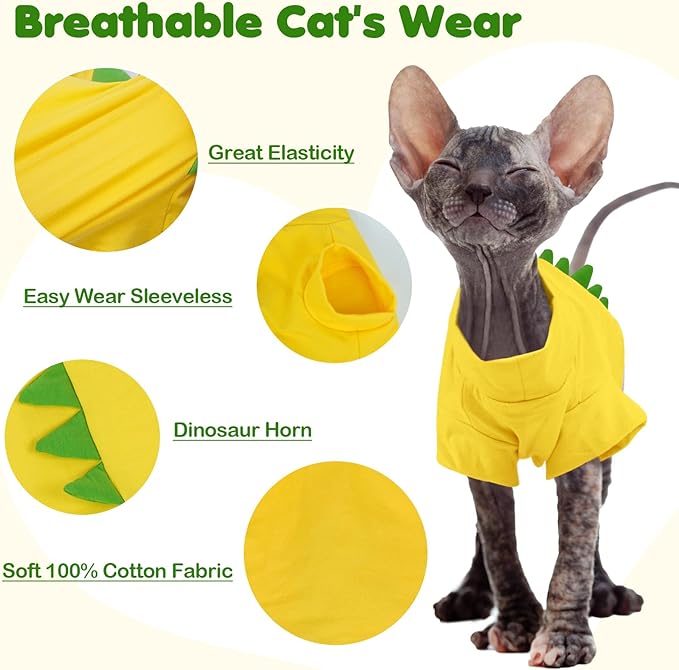 DENTRUN Sphynx Cat Clothes, Cute Dinosaur Design Hairless Cat Costume, Breathable Cotton Shirts Cat Clothes for Cats Only, Round Collar Kitten Daily T-Shirts with Sleeves, Cats Funny Cosplay Apparel