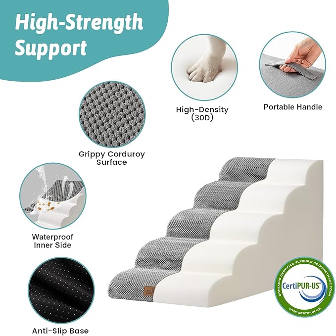 COZY KISS Dog Stairs for Small Dogs 19.7" H, 5-Step Sturdy Foam Dog Steps for Couch, Bed or Sofa, Curved Pet Stairs for Puppy and Older Cat, Doggie Ladder with Washable Cover, 15.7x33x19.7 inch, Gray
