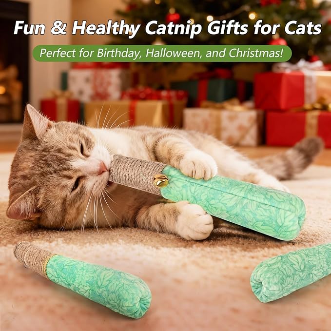 3 Pack Catnip Toys for Cats, Funny Kicker Cat Toys with Dental Rope & Jingle Bell, 100% Organic Catnip Catnip Toys, Bite-Resistant Chew Toy for Kitten Teething, Indoor Cat Toys