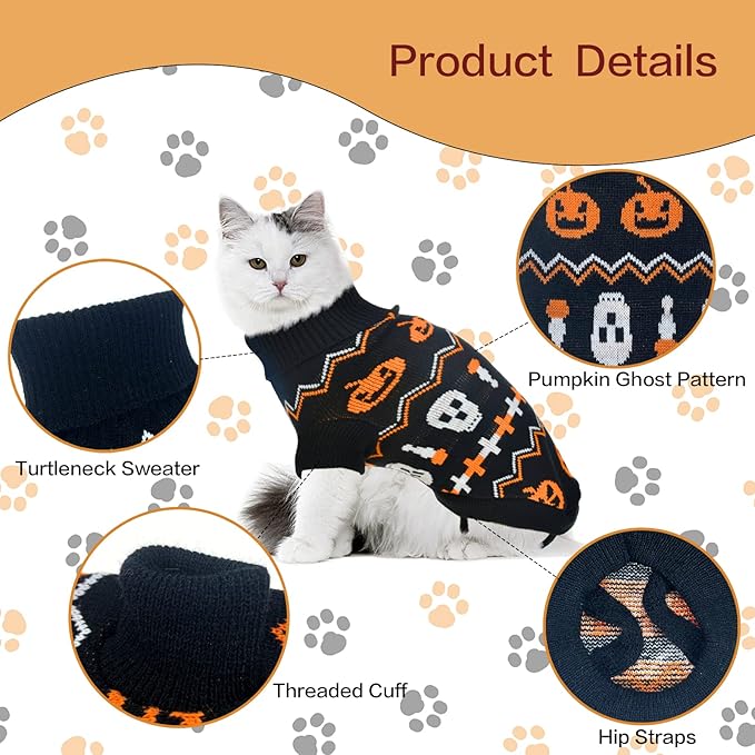 2Pcs Pet Halloween Sweaters Dog Halloween Pumpkin Sweater Kitten Cat Holiday Theme Turtleneck Knitwear Shirt with Pumpkin Skull Patterns Dog Puppy Halloween Costume Clothes for Small Dogs XS