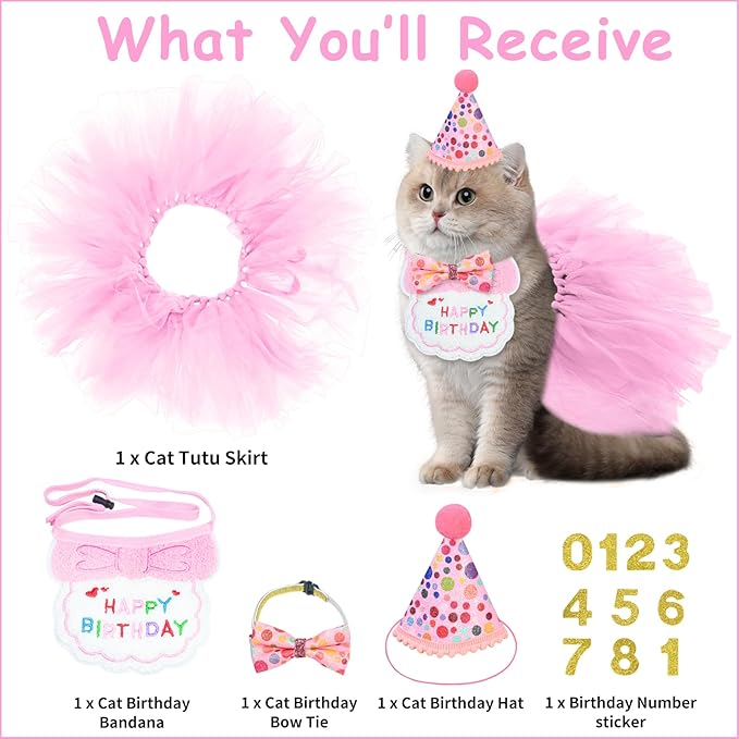 5Pcs Cat Birthday Decorations, Adjustable Cat Birthday Hat Bandana Tutu Skirt Collar Bow & 9 Number Stickers 0-8, Kitten Costume Outfit Decorations for Anniversary of Birth, Small Dog Friendly (Pink)