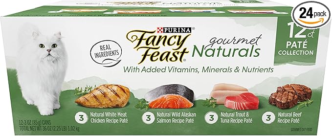 Purina Fancy Feast Grain Free Wet Cat Food Pate Variety Pack Gourmet Naturals–Beef, Chicken, Salmon, Trout and Tuna - (2 Packs of 12) 3 oz. Cans