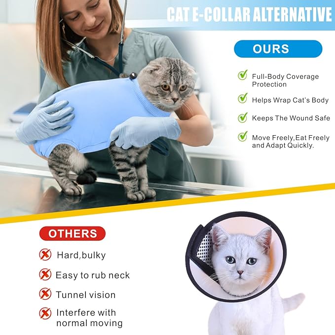 Idepet Cat Surgery Recovery Suit Kitten Onesie for Cats After Surgery Female Breathable Kitty Spay Suit for Abdominal Wound Skin Diseases E-Collar Alternative Wear(Blue,S)