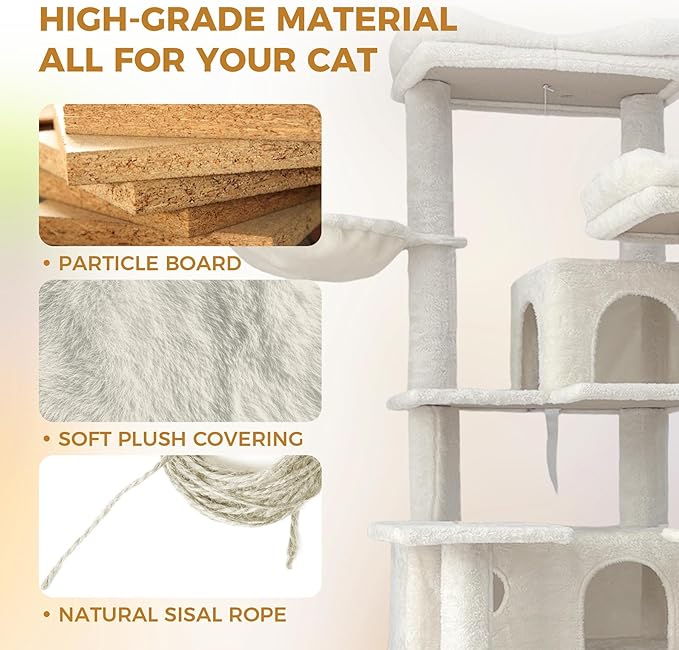 68" Beige Cute Cat Tree for Indoor Cats Large Adult, Tall Cat Tower with Scratching Post & Condo, Hammock, Aesthetic Cats Stand, Modern, Easy Assembly (Beige, 68" Tall)