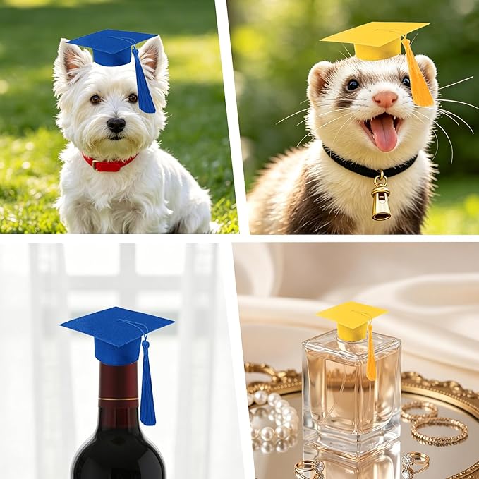 Mini Graduation Caps with Tassel, 2 Pack Gold and Blue Mini Graduation Caps, Small Animal Bachelor Hats for Adjustable Pet Graduation Photo Props Cat Dog Holiday Costume Accessories